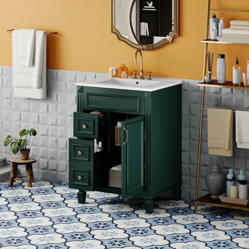 24" Bathroom Vanity With Ceramic Sink, Small Bathroom Sink Cabinet, Modern Cabinet With 2 Drawers And Adjustable Shelf