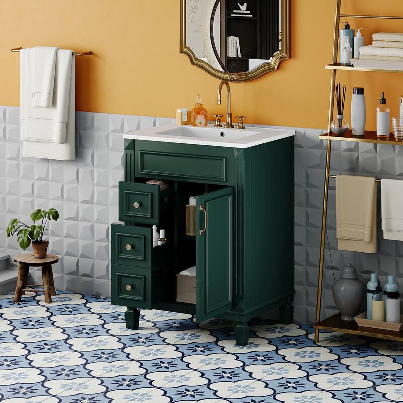 24" Bathroom Vanity with Ceramic Sink - Modern 2-Drawer Storage Cabinet, Adjustable Shelf, Space-Saving Design - Green