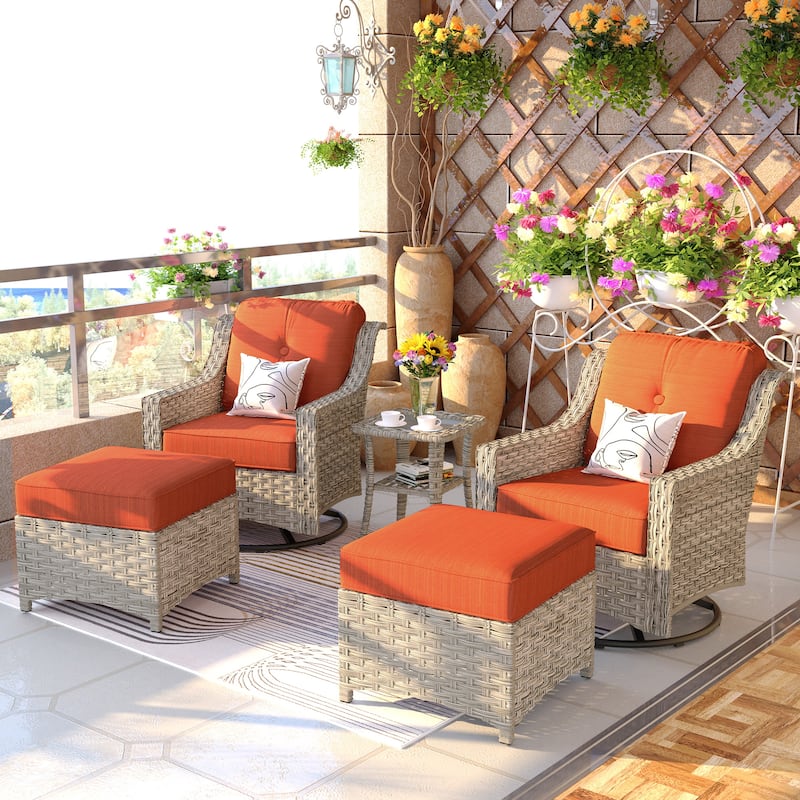 OVIOS 5 Pieces Outdoor Wicker Curved Swivel Chair Set With Ottoman