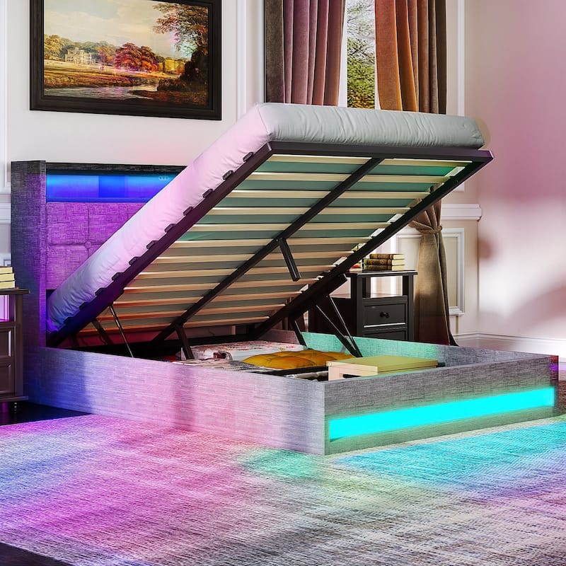 VECELO Lift Up Storage Bed Frame with LED Lights USB Charging Ports Hydraulic Platform 2-Tier Headboard Shelves Full & Queen