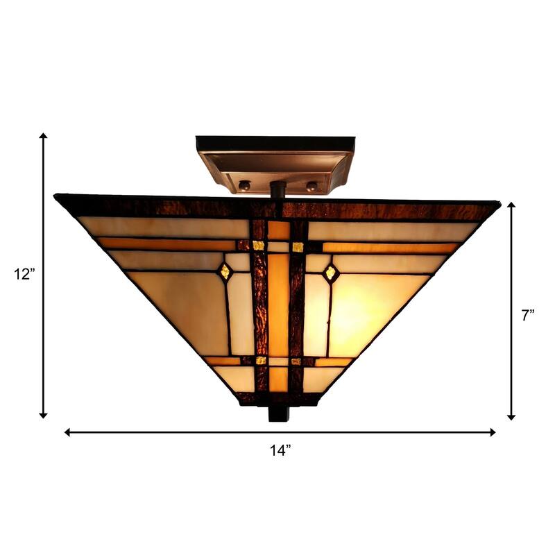 Tiffany Style Ceiling Fixture Lamp Mission 14" Semi Flush Mount Wide Stained Glass Tan Bedroom Gift Amora Lighting
