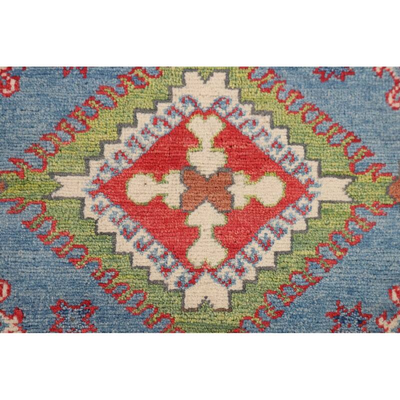 Light Blue Geometric Kazak Rug Hand-Knotted Wool Carpet - 3'3" x 4'11"