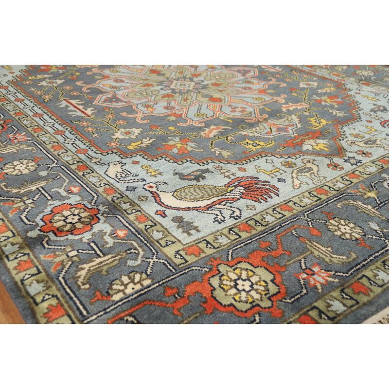 Slate Medallion Heriz Serapi Indian Area Rug Hand-Knotted Wool Carpet - 8'0" x 9'9" - 8'0" x 9'9" - Grey