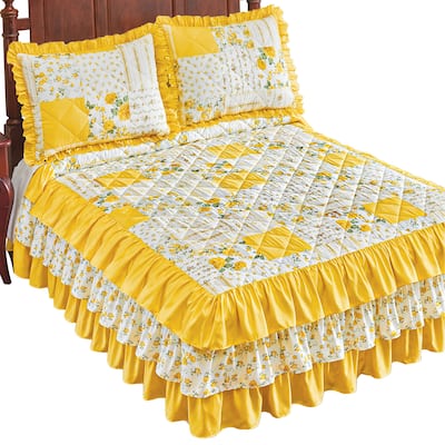 Beautiful Floral Patchwork Ruffled Quilt Top Bedspread