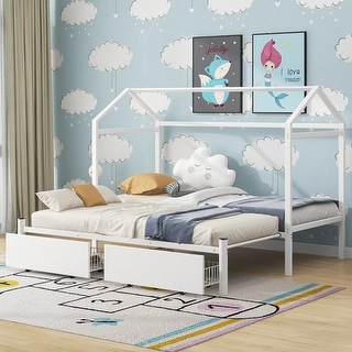 Metal Twin XL to King House Platform Bed Frame with Underneath 2 Drawers and House-shaped Frame for Kids, Teens - White