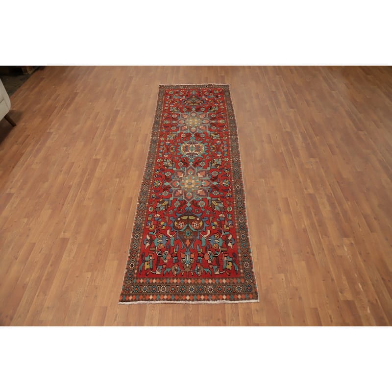 Hand Knotted Oriental 100% Wool Carpet Traditional Floral Red Tabriz Runner Rug - 10' 6'' X 3' 1''