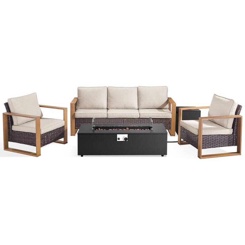 Meyreso Wicker Patio Conversation Set with Metal Fire Pit Table & 4.5-Inch Olefin Cushions
