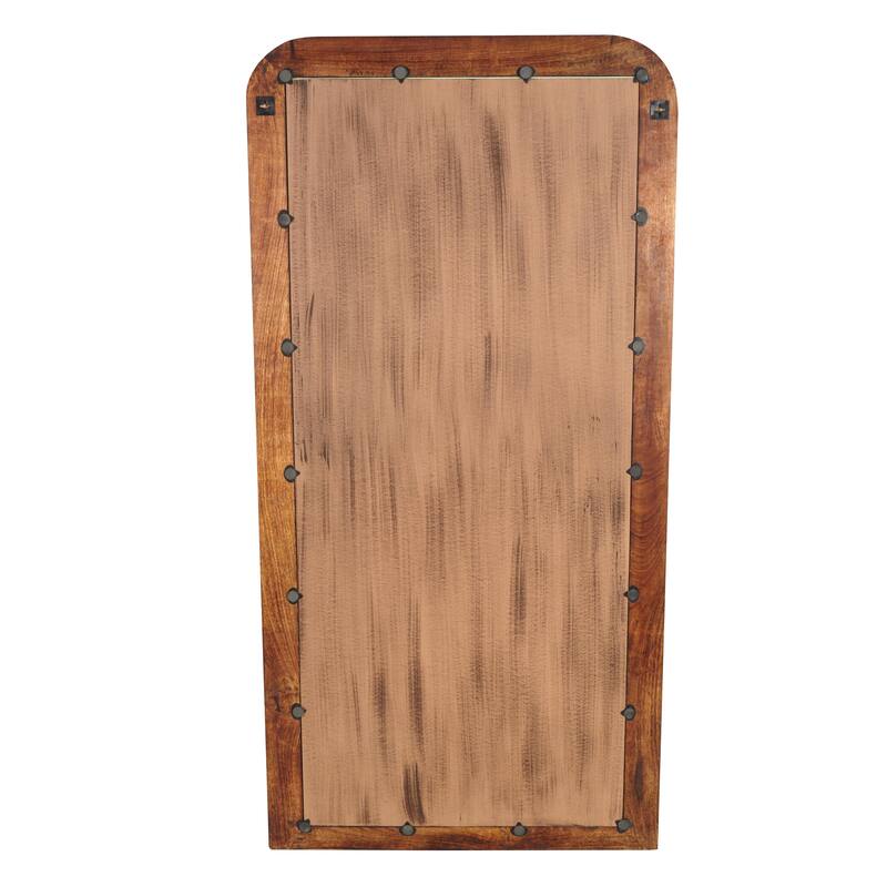 Brown Mango Wood Distressed Room Floor Mirror with Carved Grooves and Natural Wood Grain