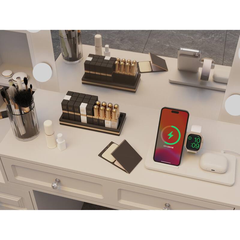 Vanity Desk with with Lighted Mirror, Large Makeup Vanity Desk, Dresser Table with Charging Station, Drawers & Hair Dryer Stand