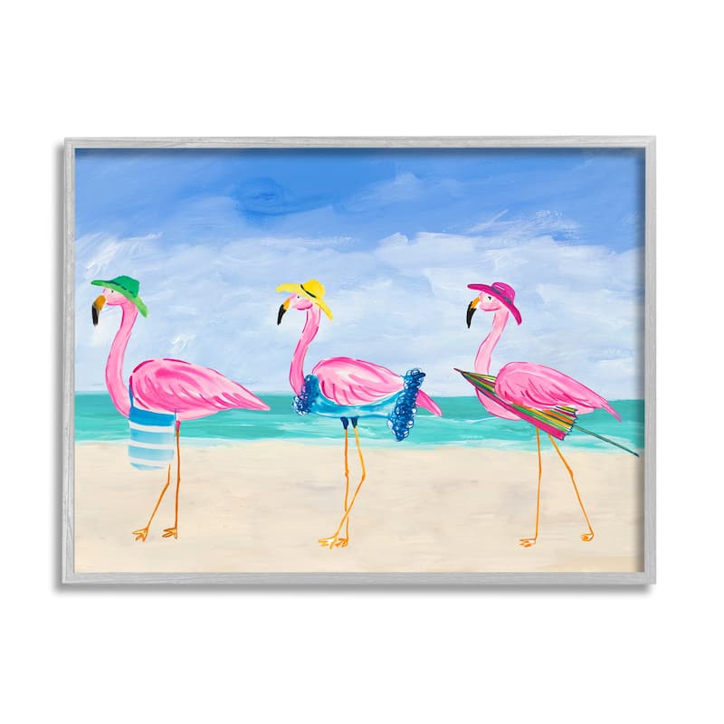Stupell Cute Pink Flamingos Beach Attire Strolling Coast Illustration Framed Wall Art - 14 x 11 - Grey
