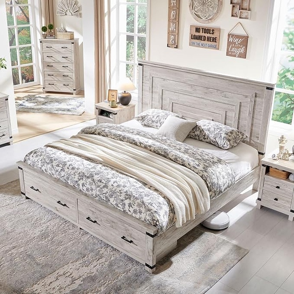 Farmhouse King Size Bed Frame w 54 Tall Headboard 2 Large Drawers On Sale Bed Bath Beyond 40831210