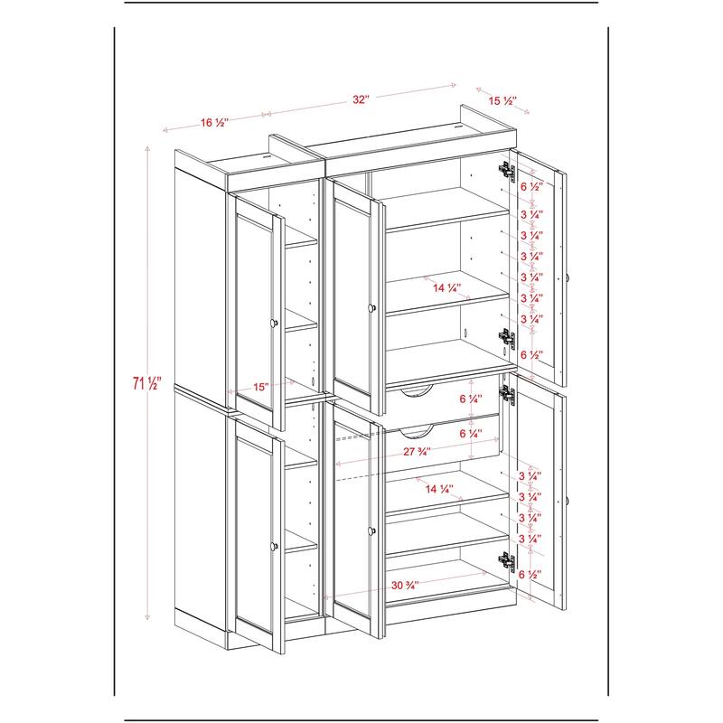 Solid Wood Tall Freestanding Kitchen Pantry Cabinet with Doors & Drawers, Adjustable Shelves, Modular Storage, 48.5" W x 71.5" H