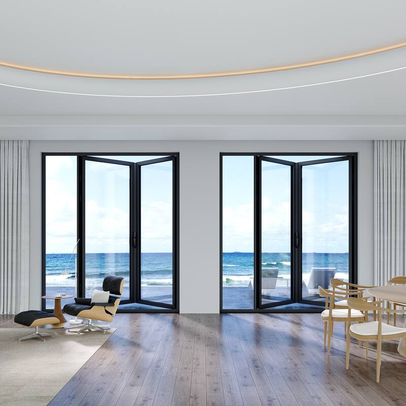 KaMic Elite-Fold 72" x 96" 2-Panel Aluminum Folding Door in Black with Hidden Hinges & Rollers, Folded Out From Right To Left