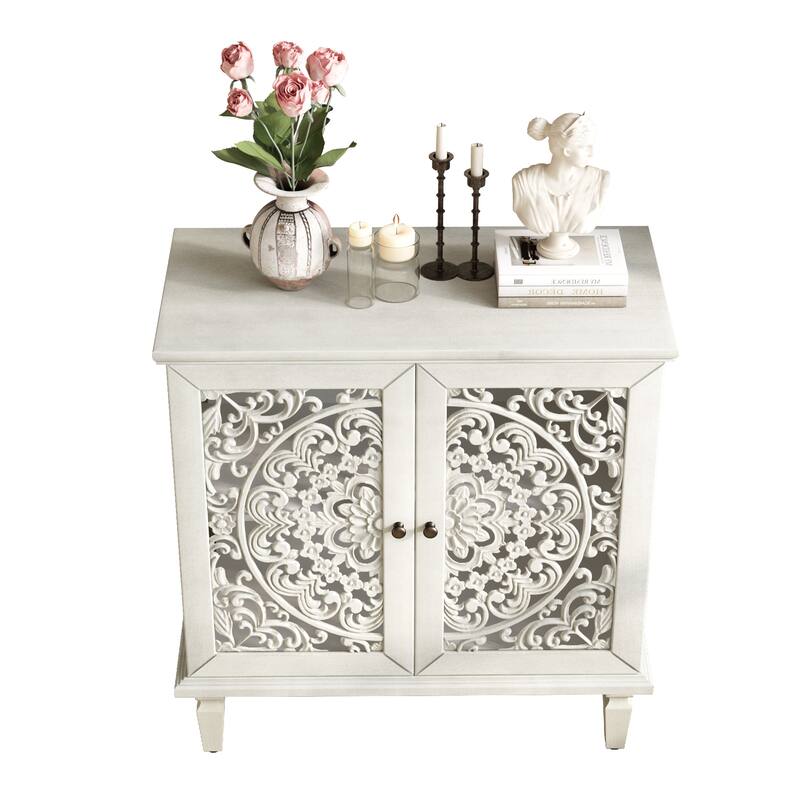 Roomfitters 2-Door Hollow-Carved Accent Cabinet, Symmetrical Floral Sideboard with Adjustable Shelf