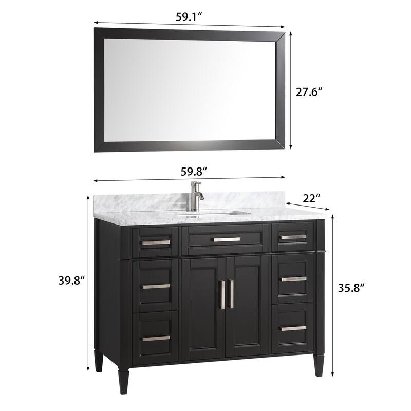 Vanity Art 60-Inch Single Sink Bathroom Vanity Set Carrara Marble Stone Top 7 Drawers 1 Shelf Undermount Sink with Free Mirror