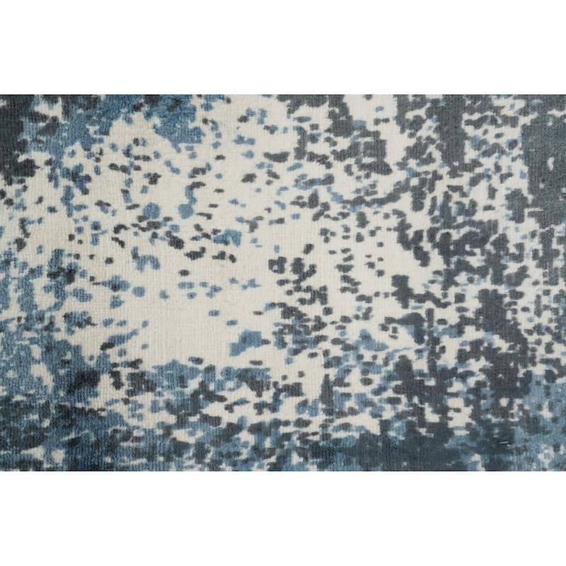Hand Knotted Oriental Viscose Silk Carpet Modern All-Over Navy Blue & Blues Abstract Area Rug - 3' 9'' X 2' 1''