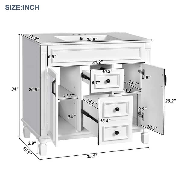 dimension image slide 1 of 4, 36" Bathroom Vanity with Top Sink, Mirror Cabinet, Modern Bathroom Storage Cabinet with 2 Soft Closing Doors and 2 Drawers