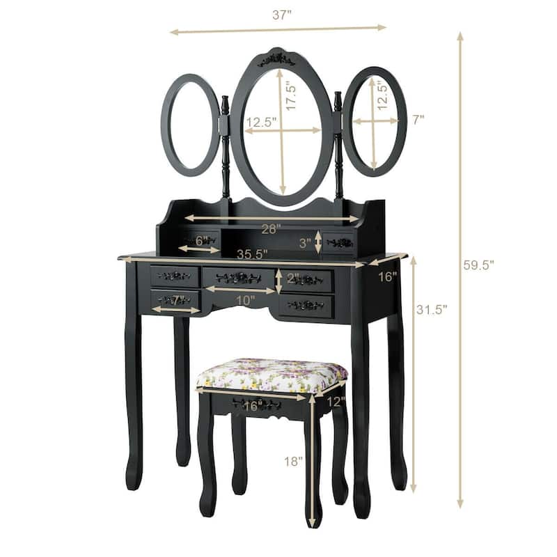 Gymax Vanity Makeup Set W/7 Drawer Tri-Folding Mirror Dressing Table &