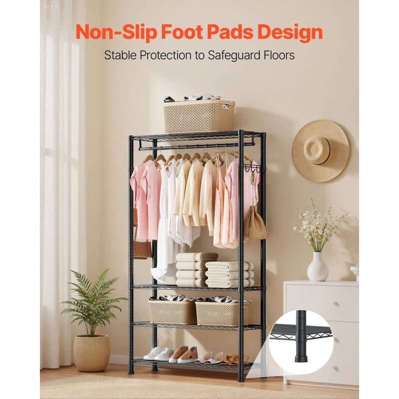 Black Carbon Steel Clothes Rack with 4 Adjustable Shelves 8 Hooks and Hanging Rod for Closet - 30 x 14.02 x 76.38 in