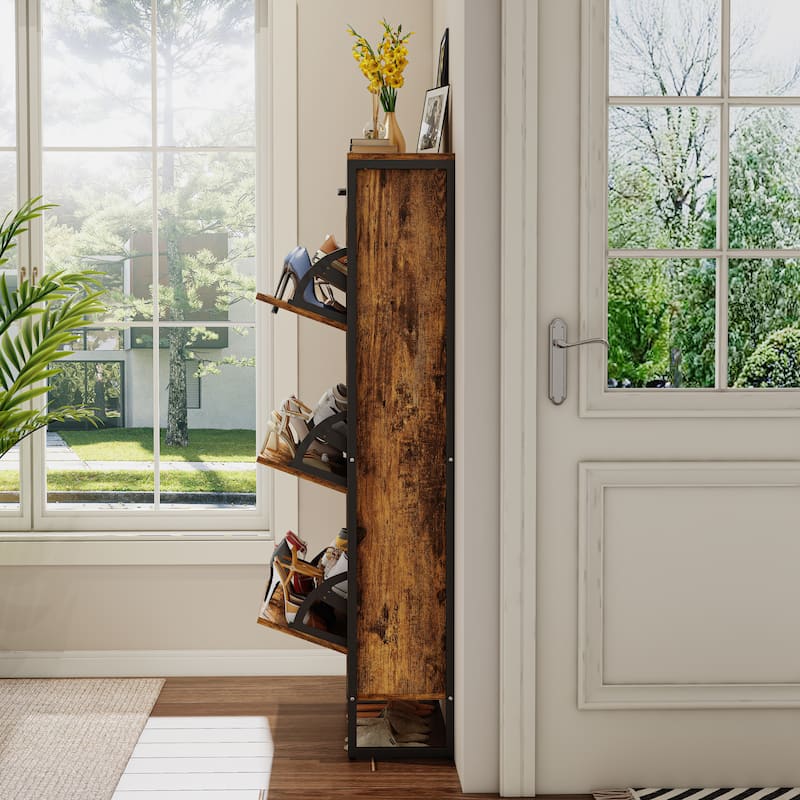 Hidden Wood Shoe Storage Cabinet, Narrow Shoe Cabinet with Drawers, 3-Tier 15 Pair Shoe Rack for Hallway, Entryway