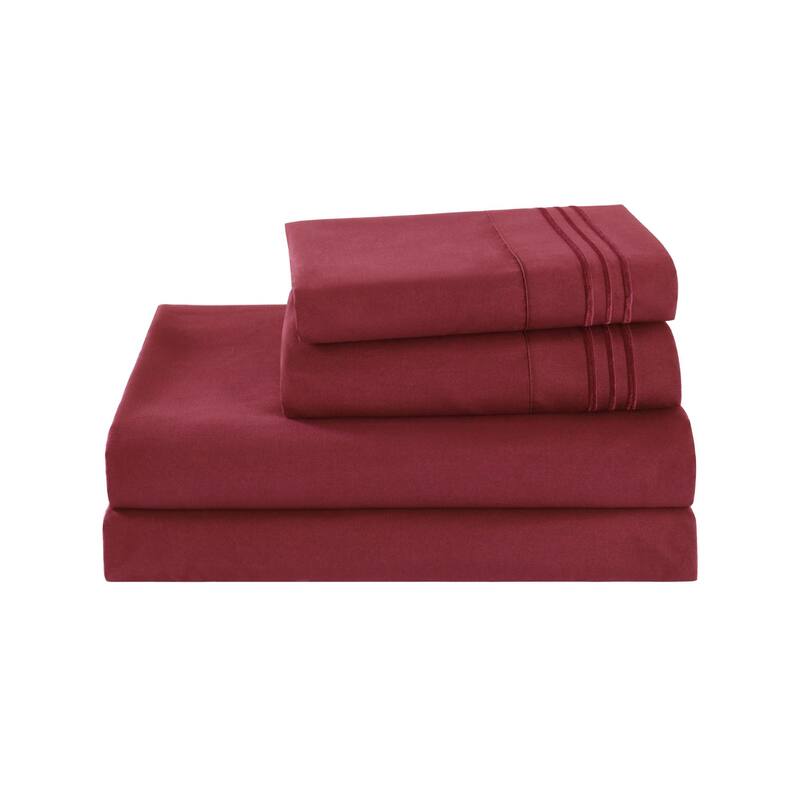 3/4 Pcs Soft Solid & Embroidery Bed Sheets Set - Full - Burgundy