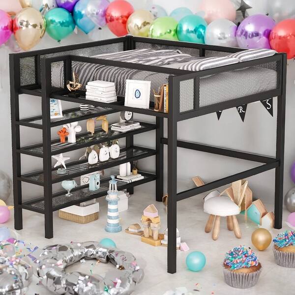 slide 2 of 59, Full Size Metal Loft Bed with 4-Tier Shelves and Storage for Home