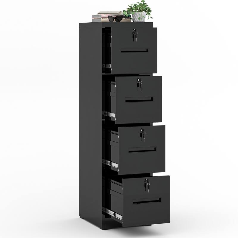Modern 4-Drawer Vertical Black Filing Cabinet with Locking, Silent Slides and Adjustable Hanging Rod, for Home Office - Black