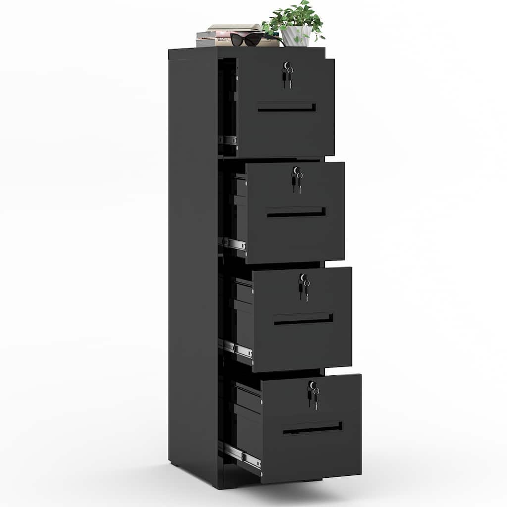 Modern 4-Drawer Vertical Black Filing Cabinet with Locking, Silent Slides and Adjustable Hanging Rod, for Home Office