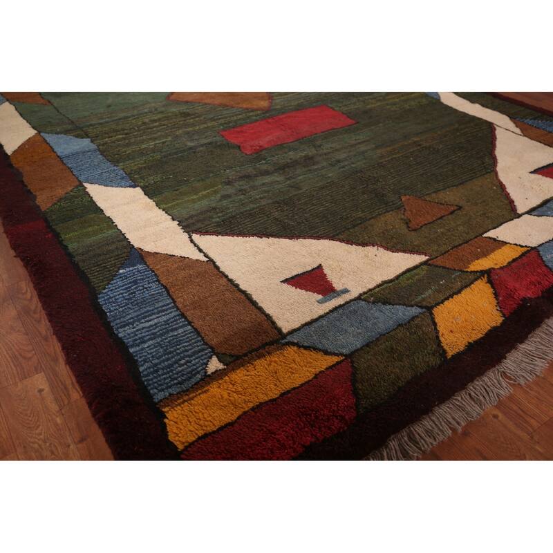Green Geometric Gabbeh Persian Area Rug Hand-Knotted Wool Carpet - 6'5"x 10'2"
