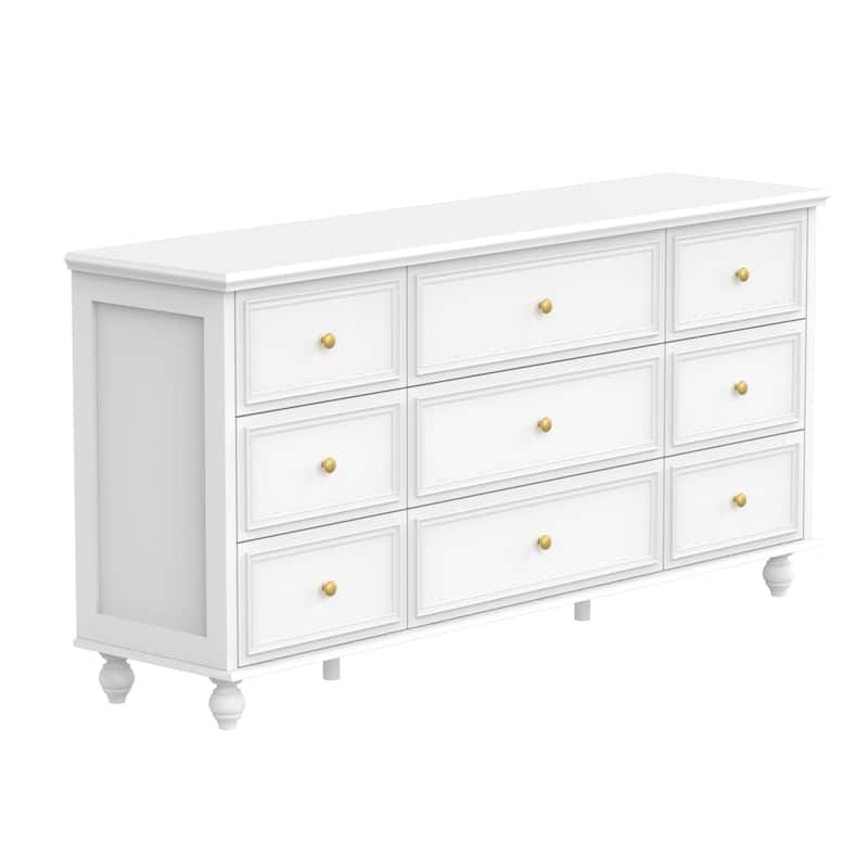 63" Wide 9/12 Drawer Dresser for Bedroom, Modern Farmhouse Double Dresser with Gold Knobs, Large Storage Chest