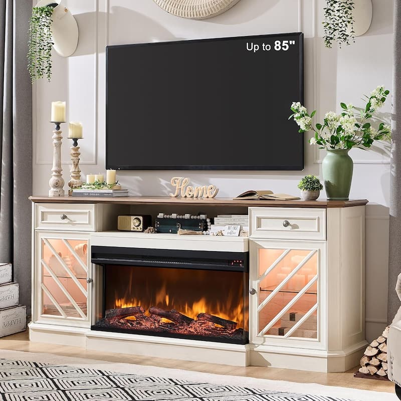 Farmhouse TV Stand with 3-Sided Fireplace, Entertainment Center - Antique White