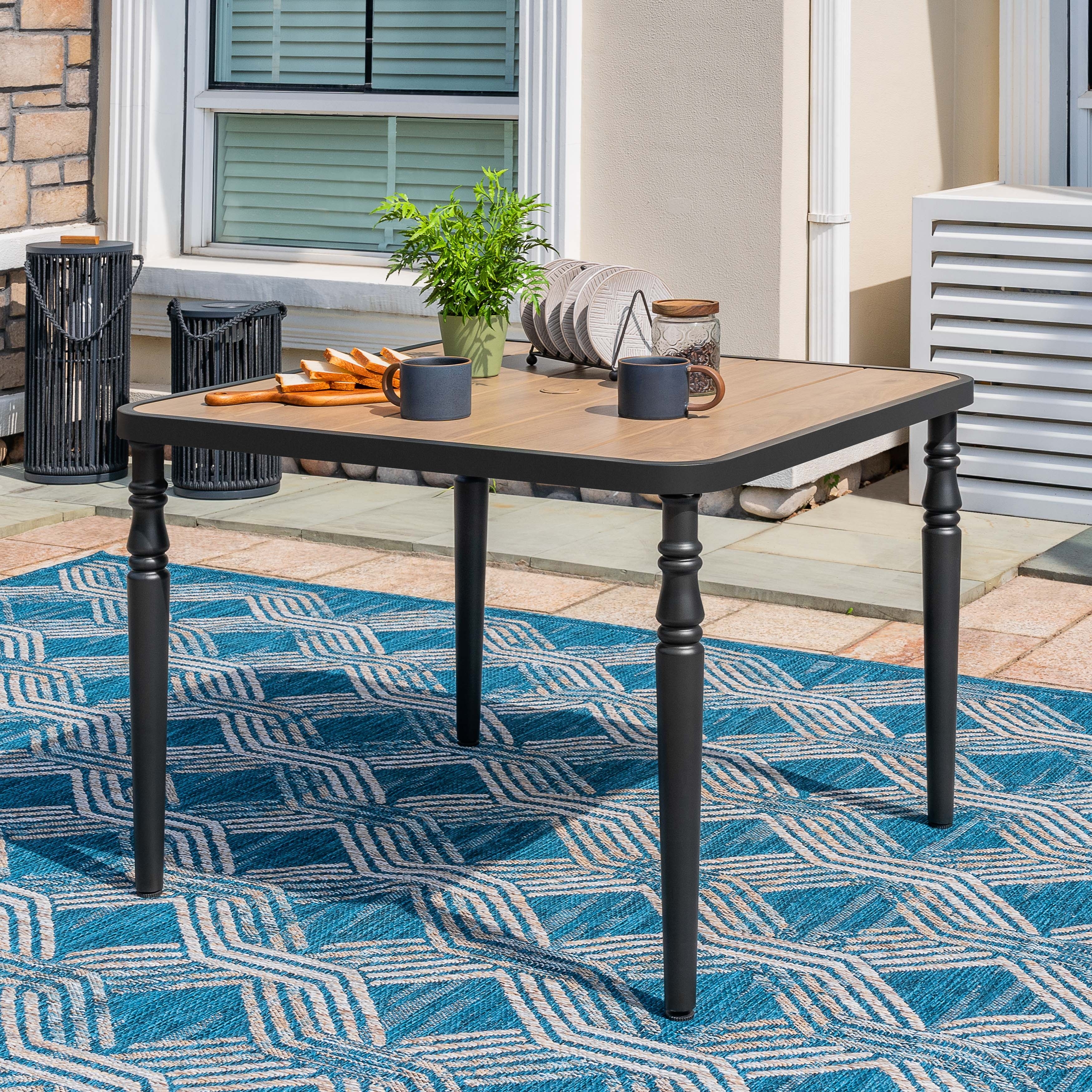 Nuu Garden Outdoor Dining Table with Wood-Grain Top, Umbrella Hole