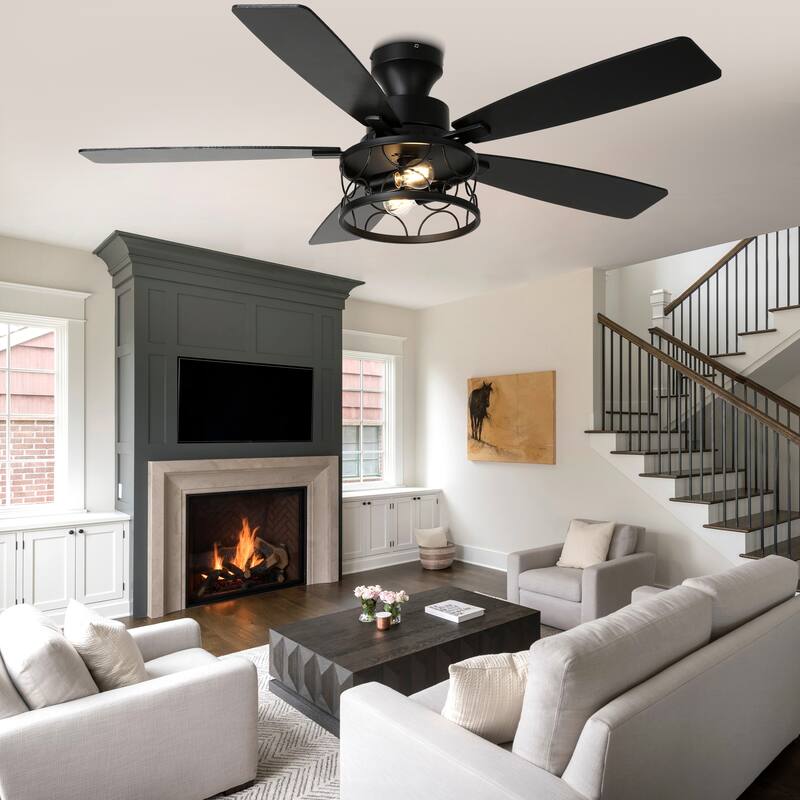 Cusp Barn 52 Inch Farmhouse Flush Mount Ceiling Fan with Lights and Remote, Industrial Low Profile Black Caged Ceiling Fan