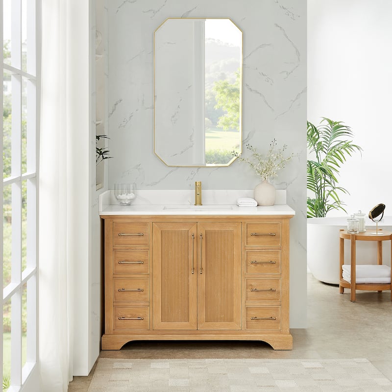 Tokyo Bath Vanity with Quartz Stone Top without Mirror - 48in. - Oak Natural Brown