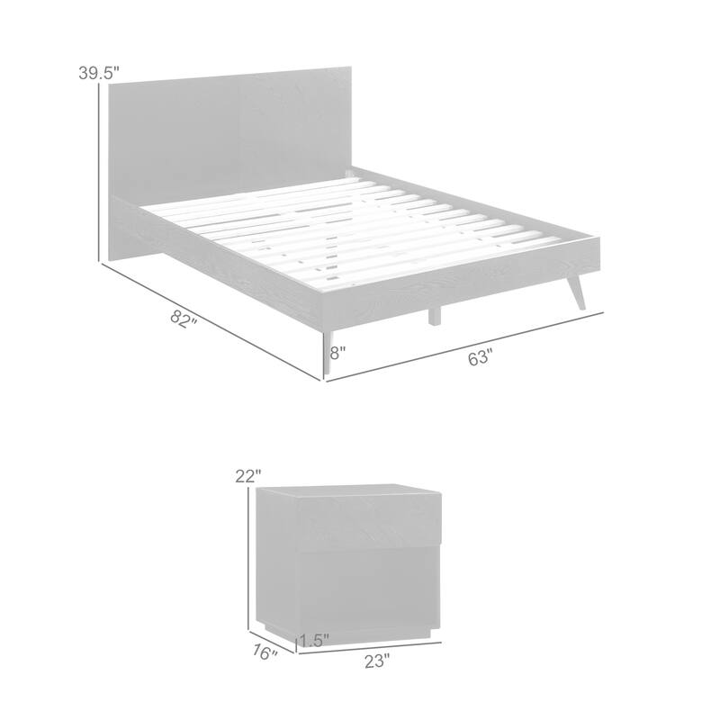 Petra Black Wood 3 Piece Bedroom Set with 2 Nightstands and Platform King or Queen Bed Frame