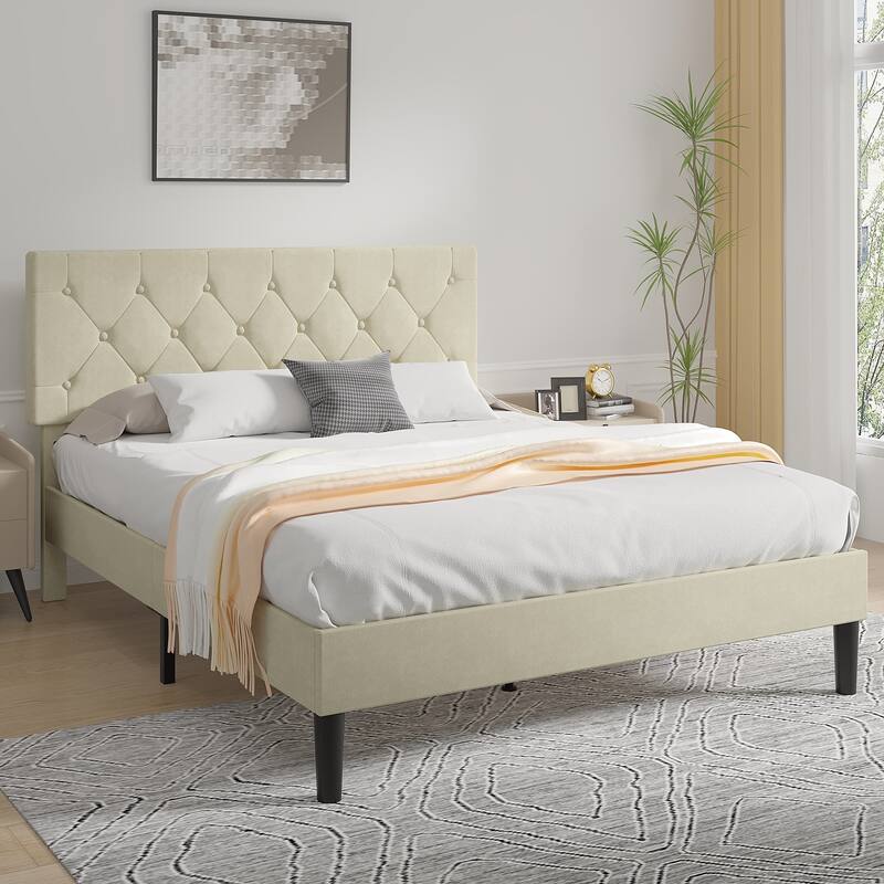 VECELO Tufted Upholstered Linen Bed Platform Bed Frame with Upholstered Headboard, Button Tufted Design
