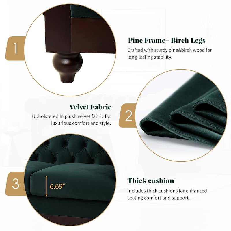 59.44" Velvet Chesterfield Loveseat Sofa with Rolled Arms, Tufted Backrest and 600LB Capacity