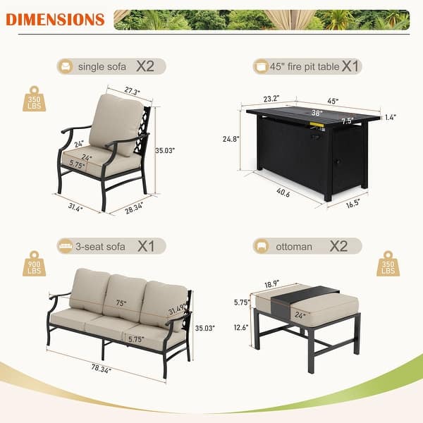 dimension image slide 2 of 19, MAISON ARTS Outdoor Sofa Set 4/6-Piece Patio Conversation Set with 45'' Gas Fire Pit Table