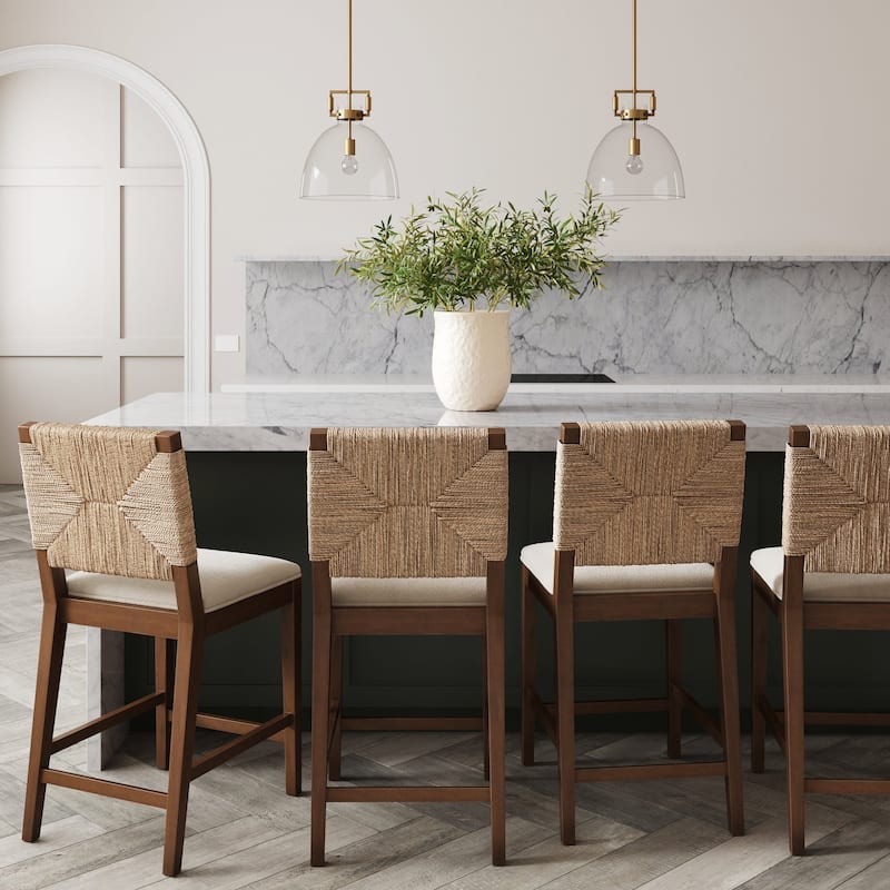 Beacon Bohemian Boucle Bar Stool, Upholstered Counter Height Chair with Solid Wood Frame and Woven Seagrass Back - Set of 4 - Cream Boucle/Dark Brown - Counter Height