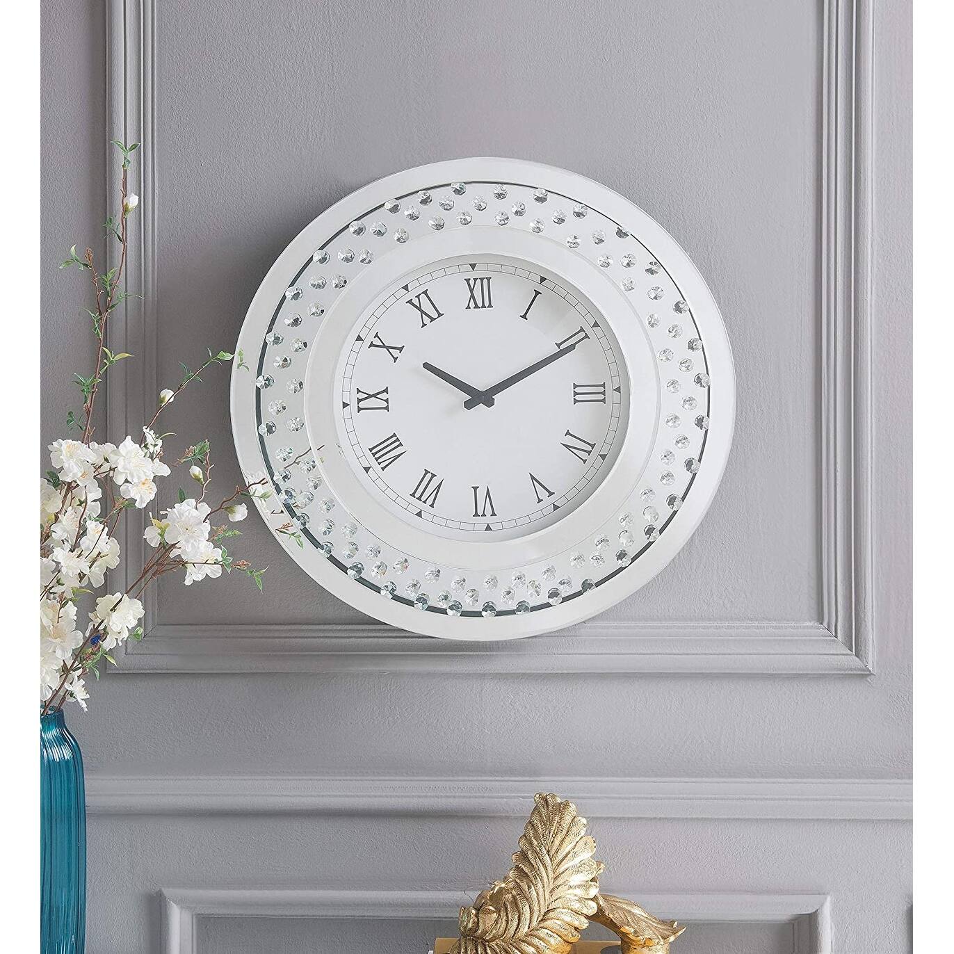 Faux Crystals Clock Round Quartz Mechanism Clock Beveled Mirrored Wall
