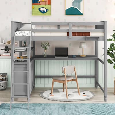 Full Size Loft Bed with Drawers and Desk, Wooden Loft Bed with Shelves