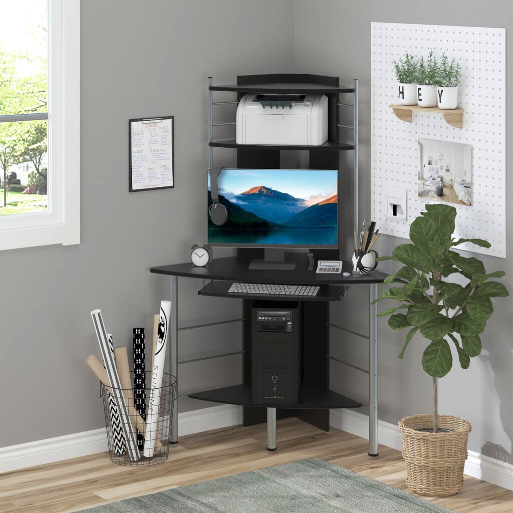 HOMCOM Arch Tower Computer Desk Compact Modern Home Office Writing Workstation P2 MDF With Keyboard Tray And Shelves - Black