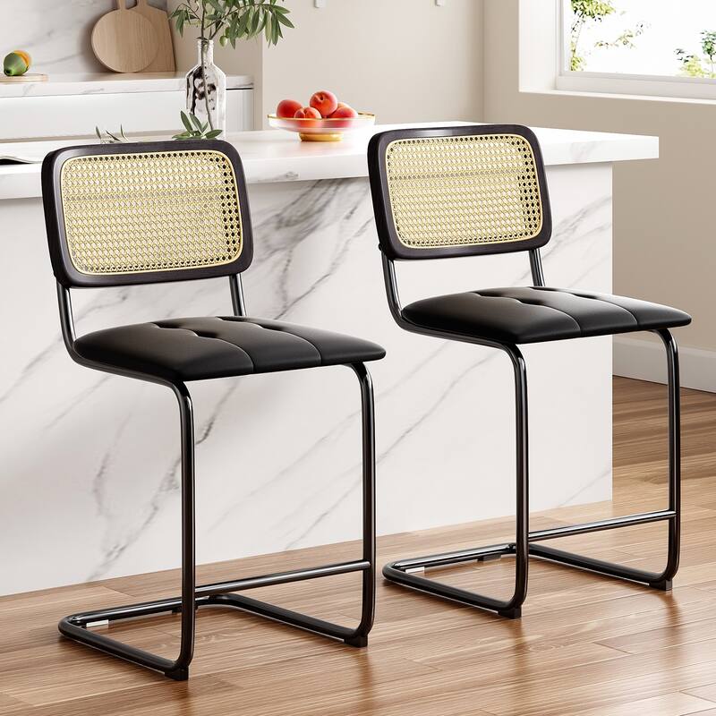 Counter Height Bar Stools Set of 2, Upholstered PU Leather Barstools with Rattan Back, 24 inch Stools Armless Bar Chairs
