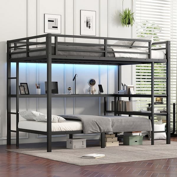 slide 2 of 12, Full XL Over Twin Bunk Bed with Desk and Shelves, LED and USB, Black for Bedroom Black