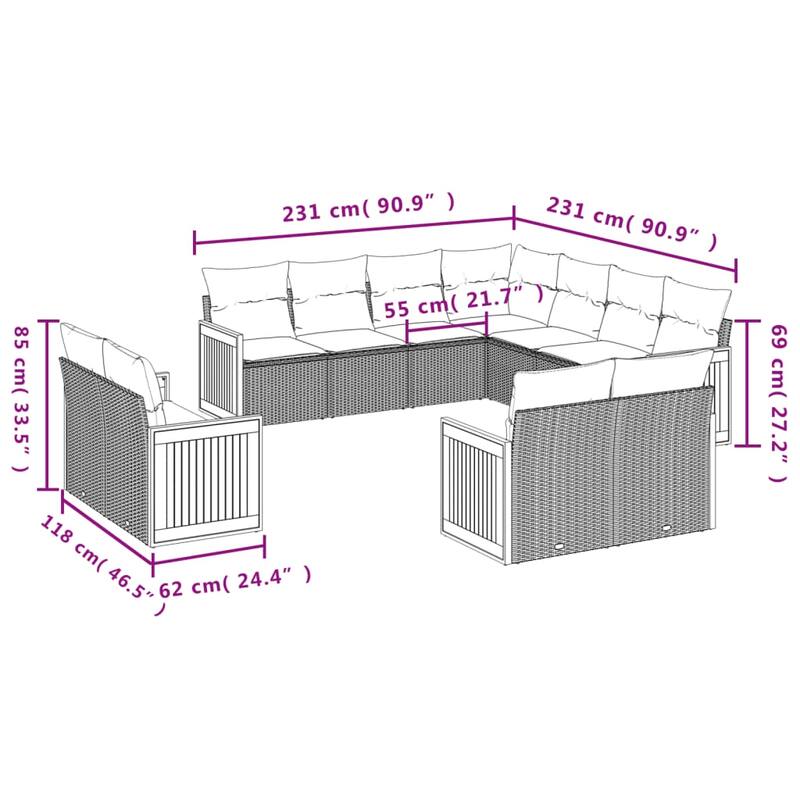 vidaXL 11 Piece Patio Sofa Set with Cushions Black Poly Rattan