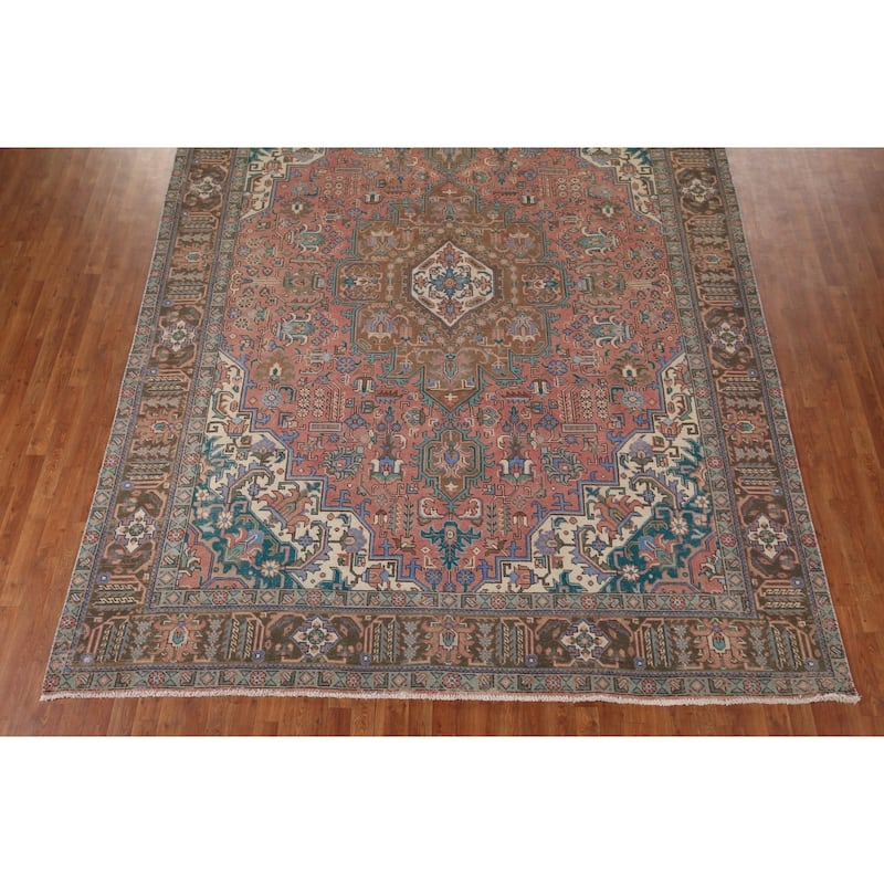 Pink Geometric Tabriz Persian Vintage Rug Hand-Knotted Wool Carpet - 9'7" x 12'10"