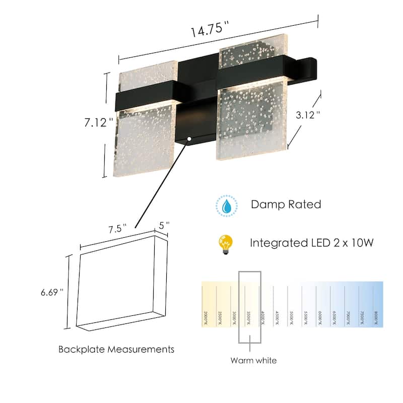 Madrona 2-light LED Bath and Vanity Light with Clear Seedy Acrylic