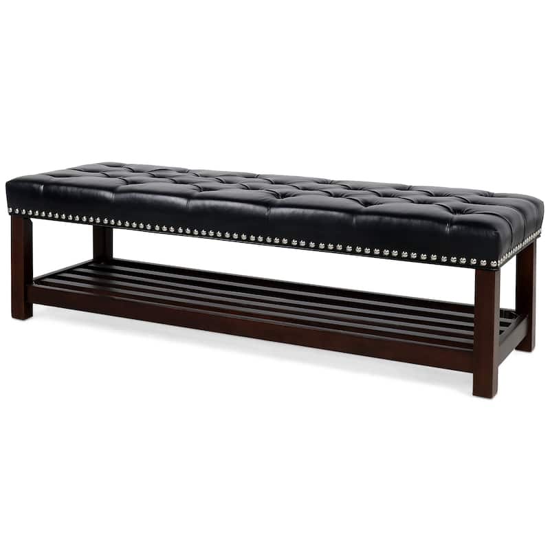 Wooden Base Upholstered Bench for Bedroom for Entryway,60" with Nailhead Trim and Shelf