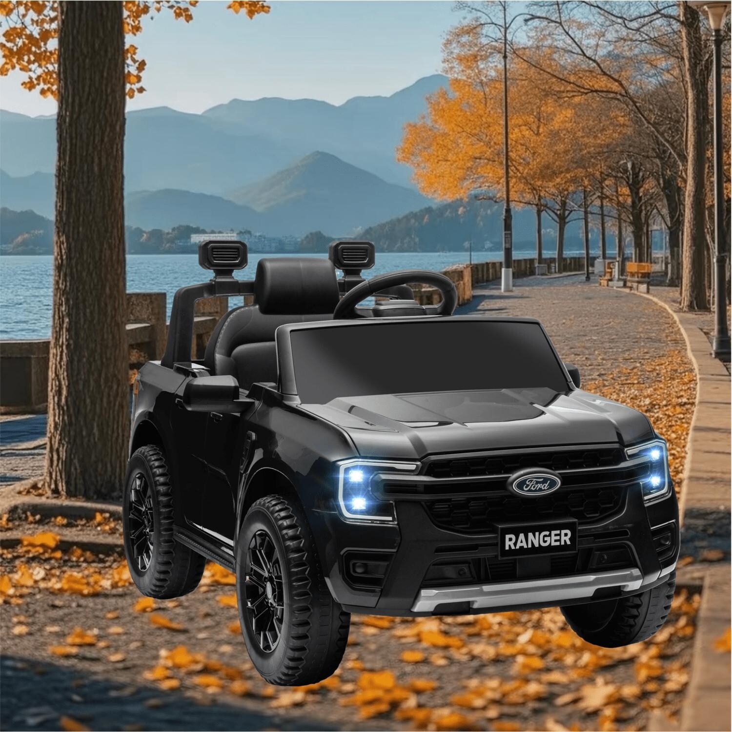 12V Licensed Ford Ranger Electric Ride On Truck for Kids with Toy Storage LED Lights Music Remote Control and Horn Black