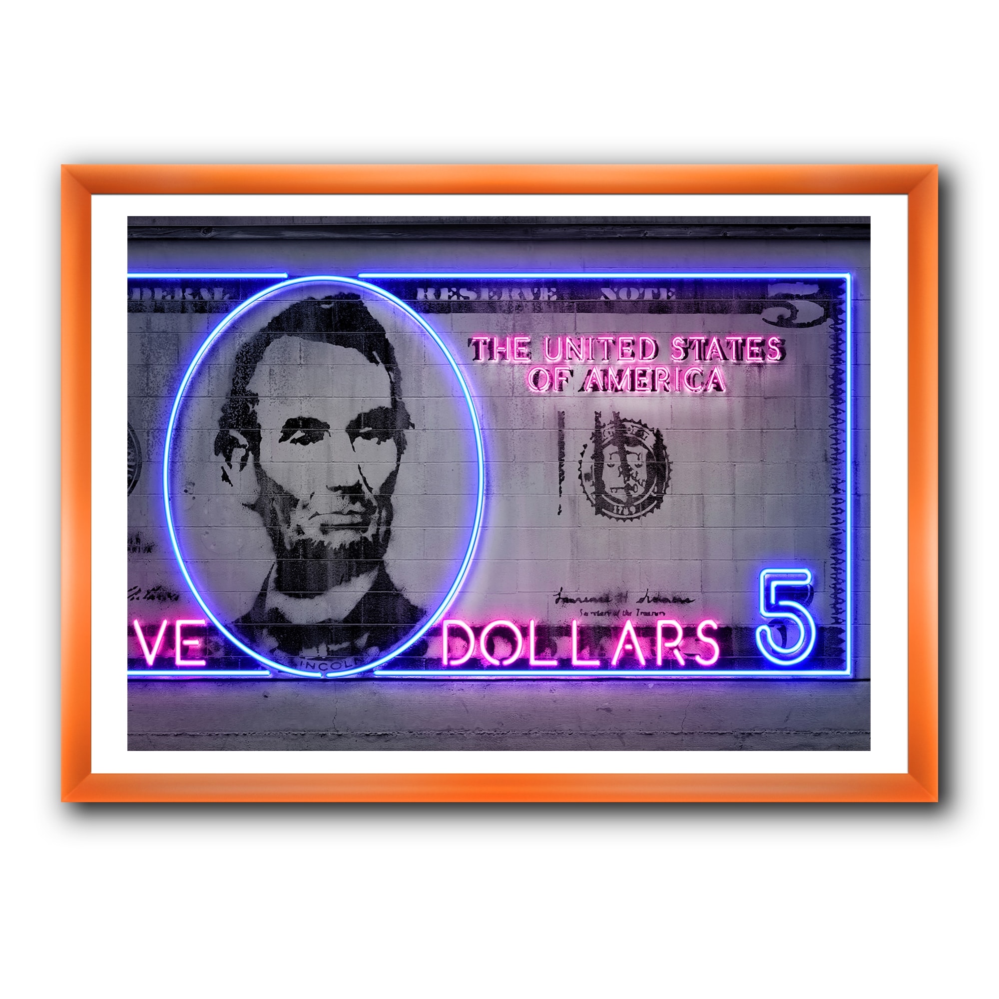 Neon Lincoln on Five Dollar Bill' - Picture Frame Print on Canvas East Urban Home Frame Color: Black Framed, Size: 12 H x 20 W x 1 D